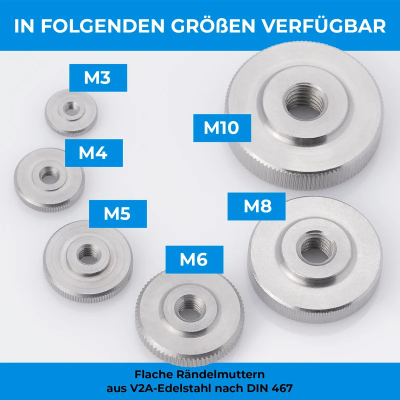 1 x Rändelmutter M3 - M10 flache Form Edelstahl A2 V2A Edelstahlmutter mit gerändeltem Rand