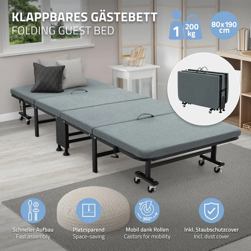 ECD Germany | Klappbares Gästebett mit Matratze, rollbar, für Kinder & Erwachsene bis 200kg belastbar
