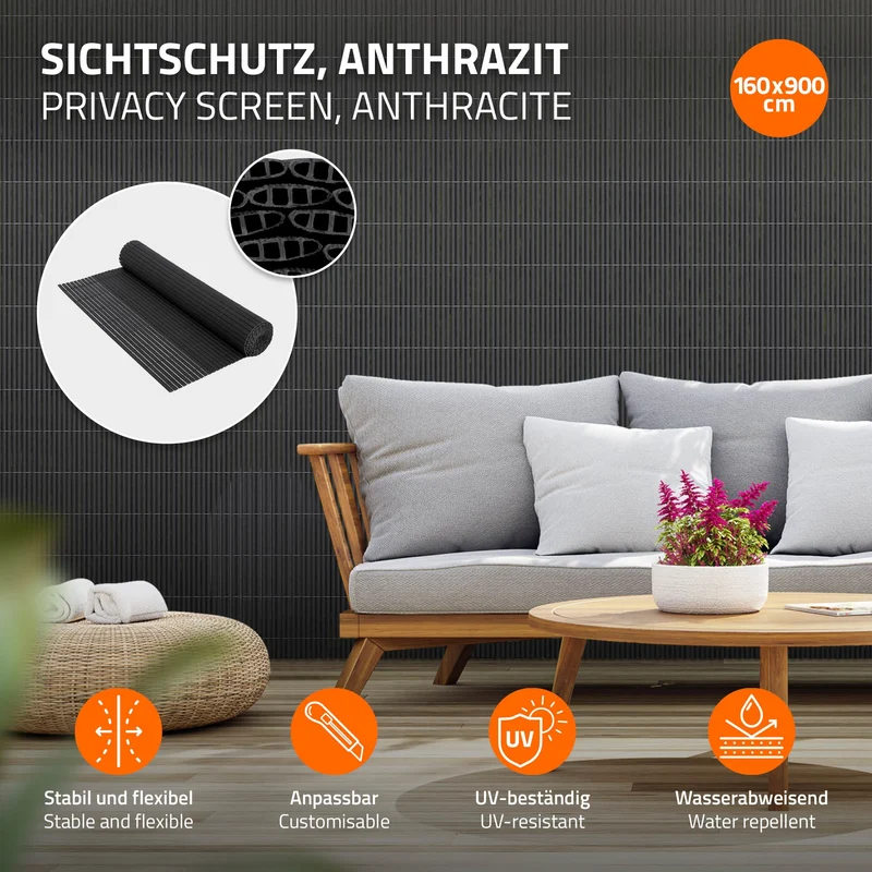 Sichtschutzmatte 160x900 cm Sichtschutzzaun Windschutz Balkonschutz PVC Anthrazit UV-beständig
