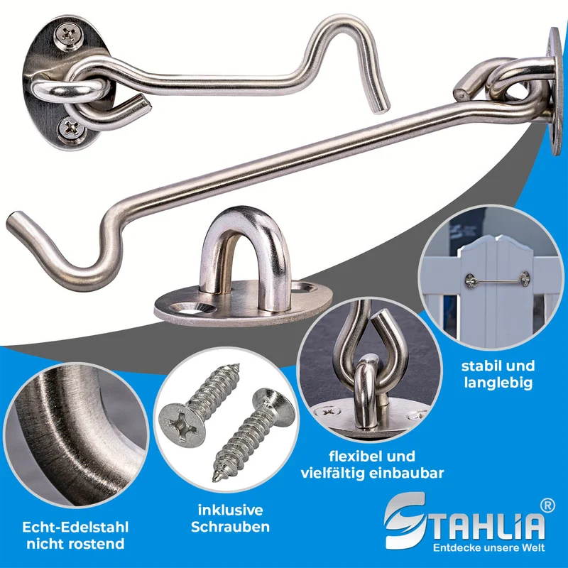 Sturmhaken aus Edelstahl mit Ösen für Gartentor - Länge 12-42 cm