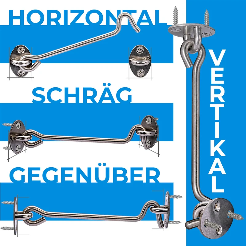 Sturmhaken aus Edelstahl mit Ösen für Gartentor - Länge 12-42 cm