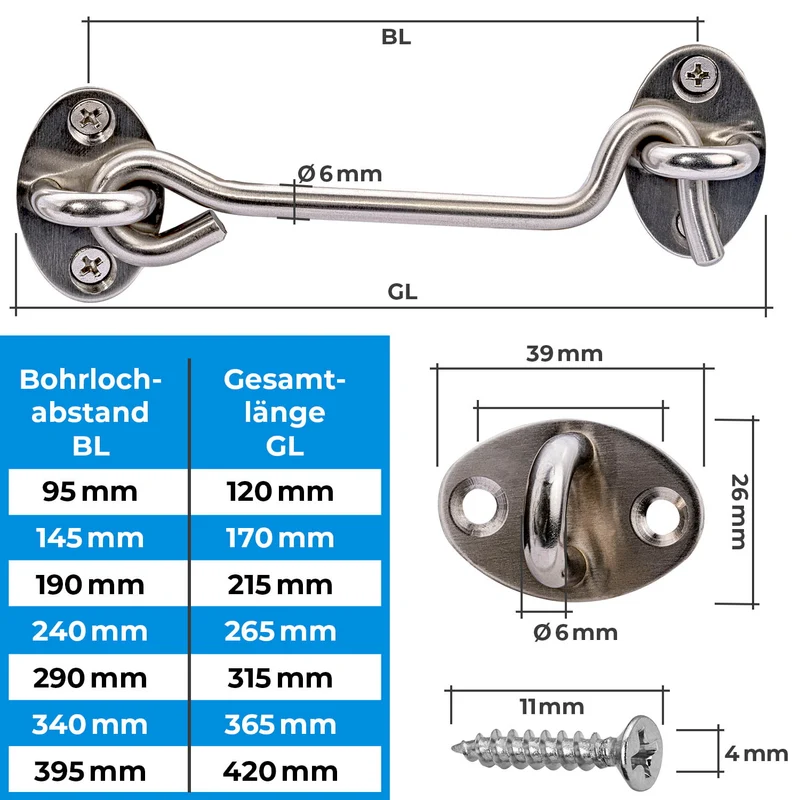 Sturmhaken aus Edelstahl mit Ösen für Gartentor - Länge 12-42 cm