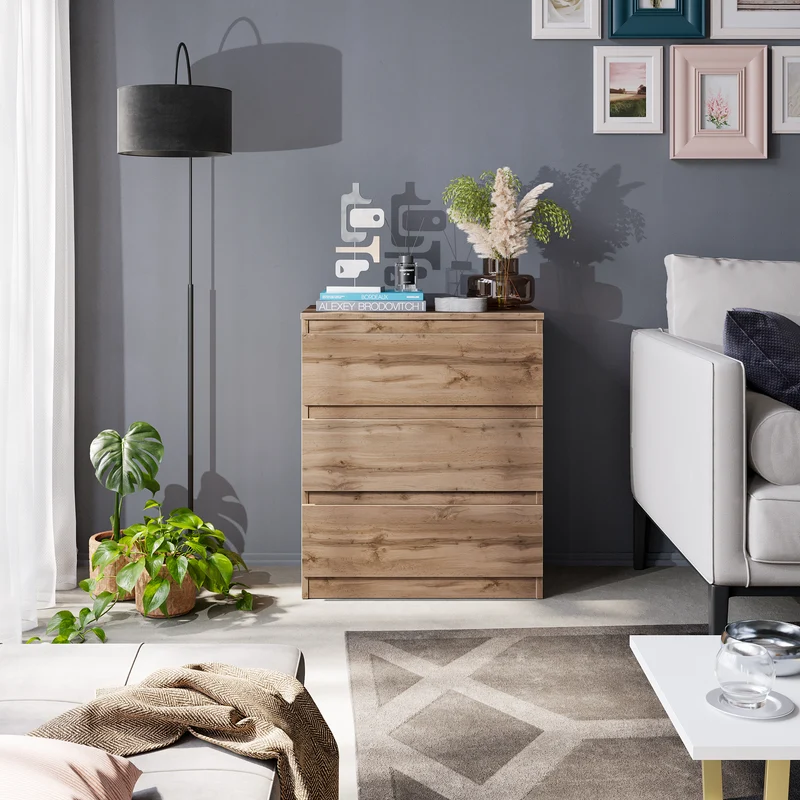GABRIEL - Kommode / Sideboard mit 3 Schubladen - Wotan Eiche H72cm B60cm T33cm