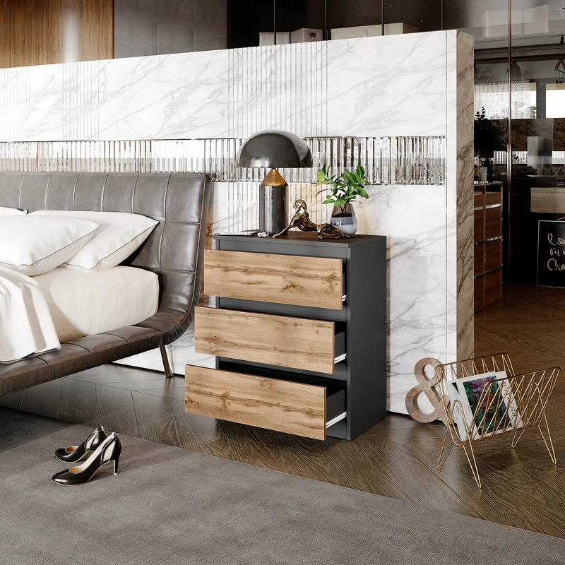 GABRIEL - Nachttisch / Nachtschrank mit 3 Schubladen - Anthrazit Grau / Wotan Eiche - H72cm B60cm T33cm