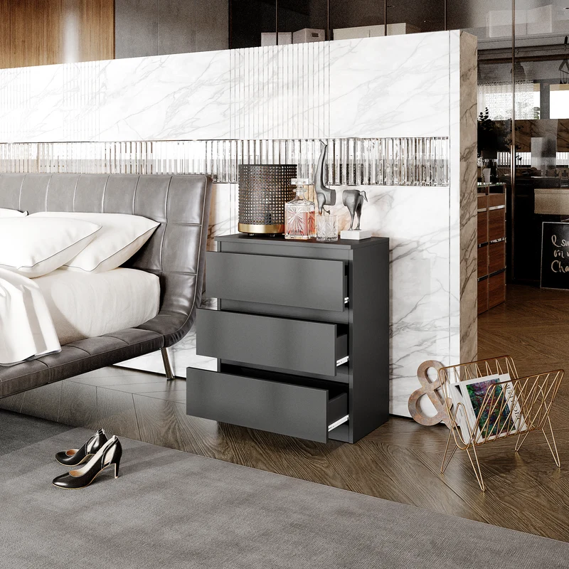 GABRIEL - Nachttisch / Nachtschrank mit 3 Schubladen - Anthrazit Grau - H72cm B60cm T33cm