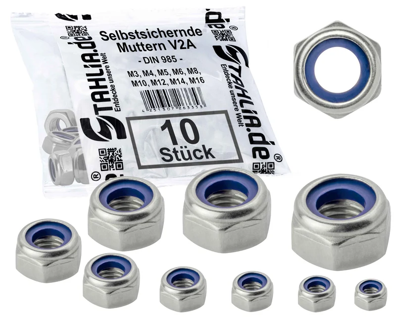 10x Selbstsichernde Muttern Edelstahl V2A A2 Sicherungsmutter Edelstahlmutter DIN 985