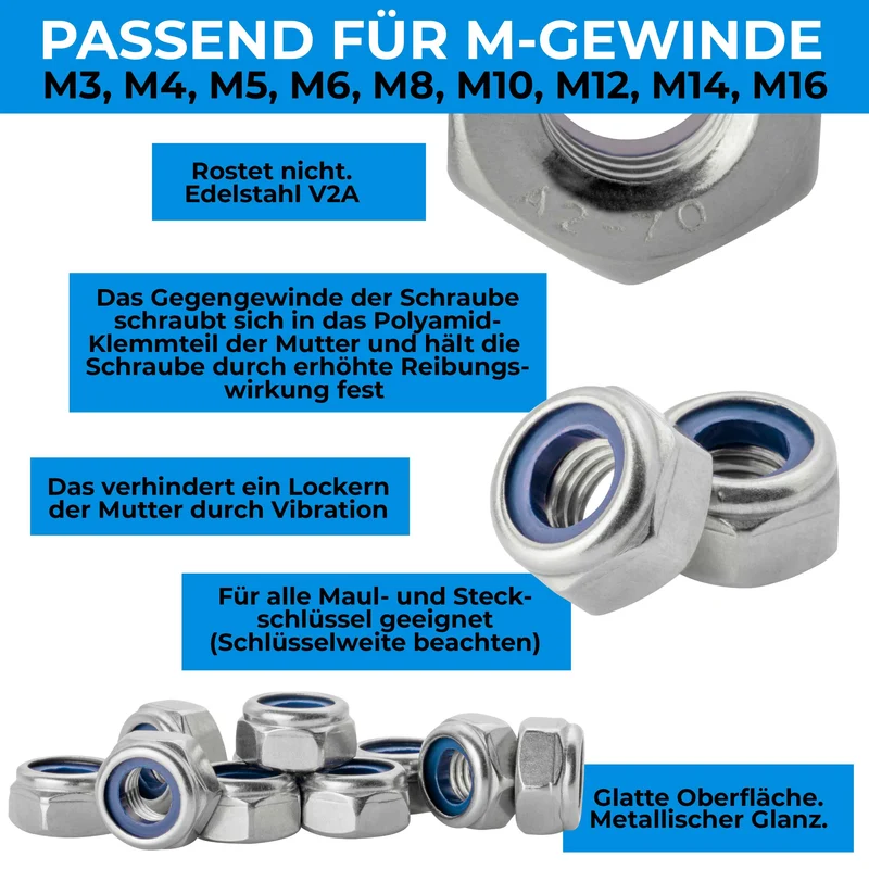 10x Selbstsichernde Muttern Edelstahl V2A A2 Sicherungsmutter Edelstahlmutter DIN 985