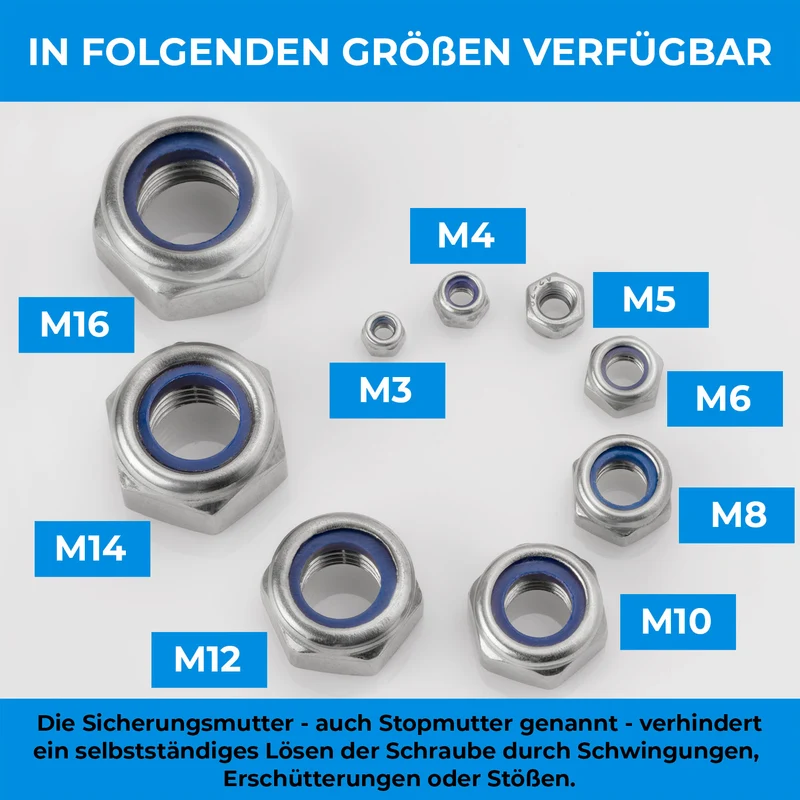 10x Selbstsichernde Muttern Edelstahl V2A A2 Sicherungsmutter Edelstahlmutter DIN 985