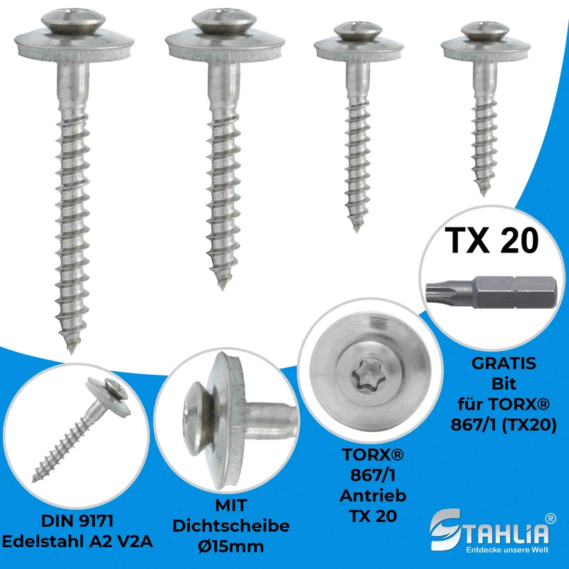 100x Spenglerschrauben Edelstahl VA V2A mit Dichtscheibe, inkl. 1x Bit