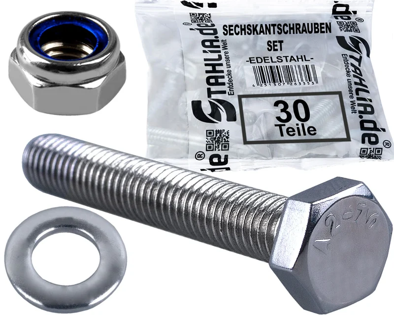 30er Set | 10x Sechskantschrauben + 10x Scheiben + 10x Sicherungsmuttern