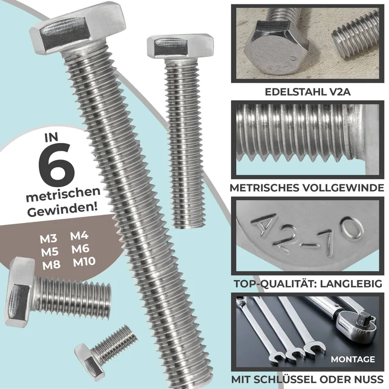 30er Set | 10x Sechskantschrauben + 10x Scheiben + 10x Sicherungsmuttern