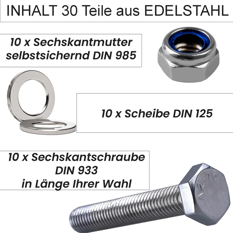 30er Set | 10x Sechskantschrauben + 10x Scheiben + 10x Sicherungsmuttern