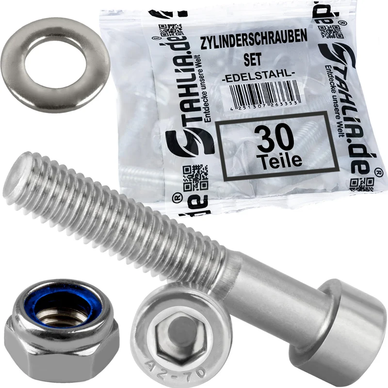 30er Set | 10x Zylinderschrauben + 10x Scheiben + 10x Sicherungsmuttern
