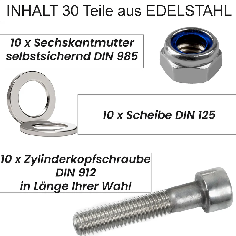 30er Set | 10x Zylinderschrauben + 10x Scheiben + 10x Sicherungsmuttern