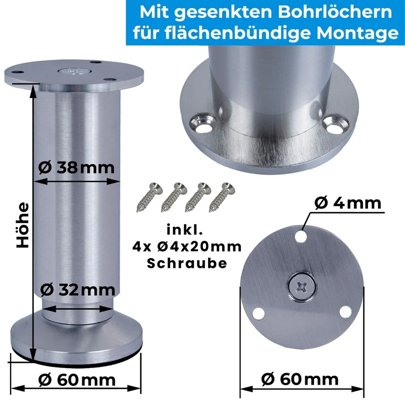 Möbelfüße höhenverstellbar Chrom-glänzend Metall Sofafüße bis 250kg belastbar