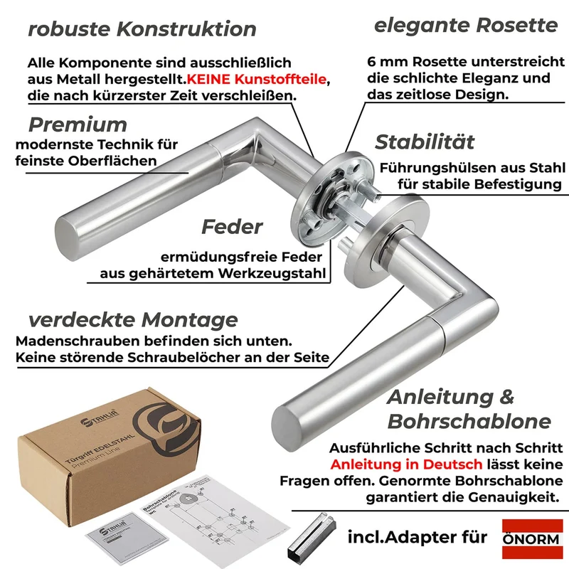 Türklinken Standard Set aus Edelstahl für Eingangstüren & Badezimmertüren ELLA