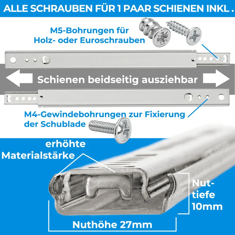 Schubladenschienen Stahl Teilauszug 27mm Nut 1 Paar Schubladenauszug