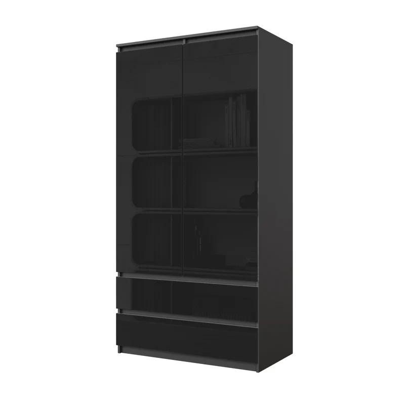 JOELLE - Kleiderschrank mit 2 Türen und 2 Schubladen - Anthrazit / Schwarz Gloss H180cm B90cm T50cm