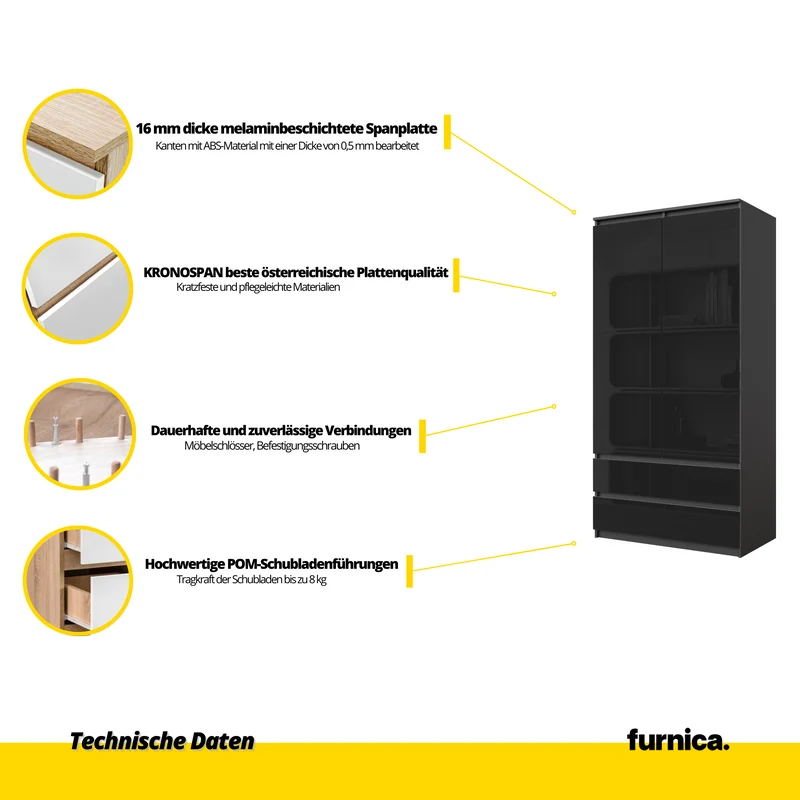 JOELLE - Kleiderschrank mit 2 Türen und 2 Schubladen - Anthrazit / Schwarz Gloss H180cm B90cm T50cm