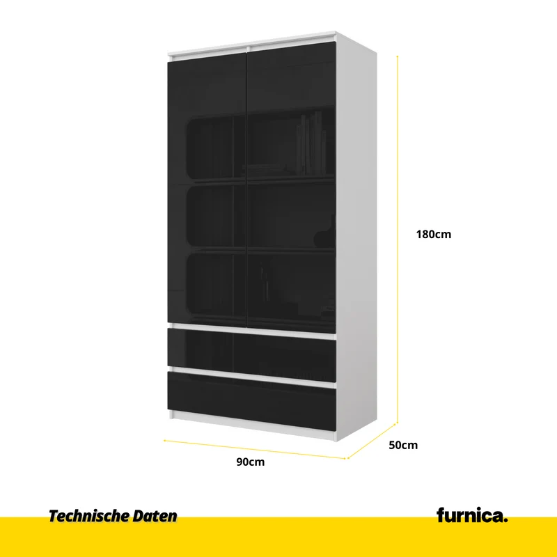 JOELLE - Kleiderschrank mit 2 Türen und 2 Schubladen - Weiß Matt / Schwarz Gloss H180cm B90cm T50cm