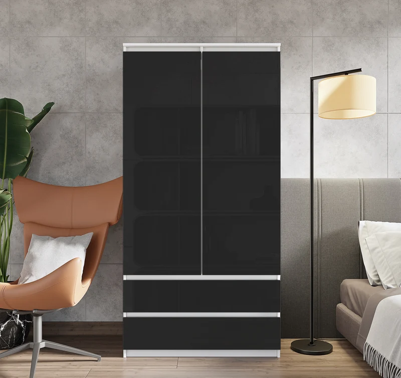 JOELLE - Kleiderschrank mit 2 Türen und 2 Schubladen - Weiß Matt / Schwarz Gloss H180cm B90cm T50cm