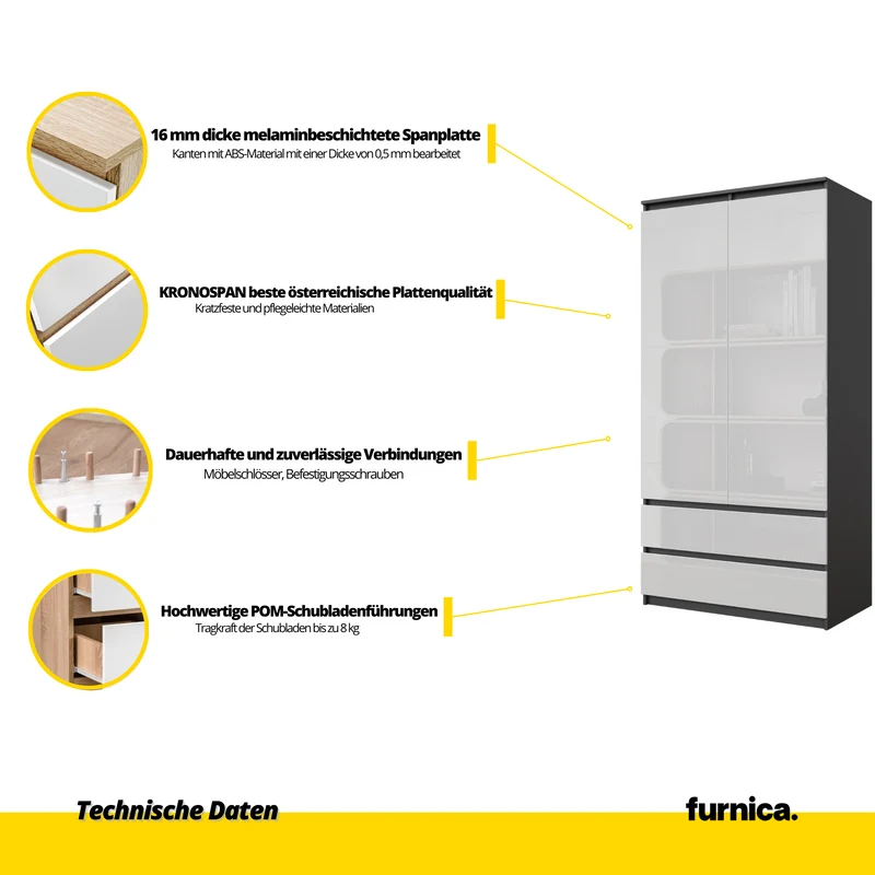 JOELLE - Kleiderschrank mit 2 Türen und 2 Schubladen - Anthrazit / Weißglanz H180cm B90cm T50cm