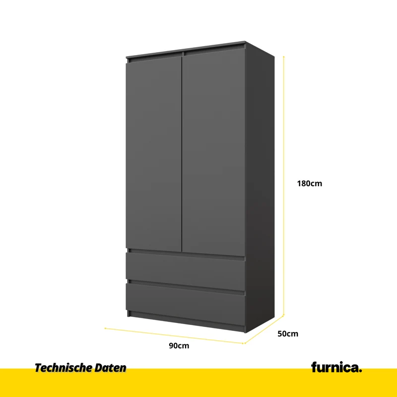 JOELLE - Kleiderschrank mit 2 Türen und 2 Schubladen - Anthrazit H180cm B90cm T50cm