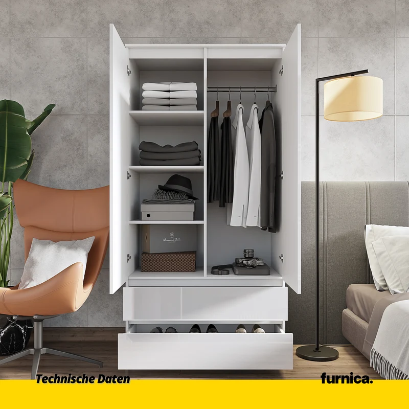 JOELLE - Kleiderschrank mit 2 Türen und 2 Schubladen - Weiß Matt / Weißglanz H180cm B90cm T50cm