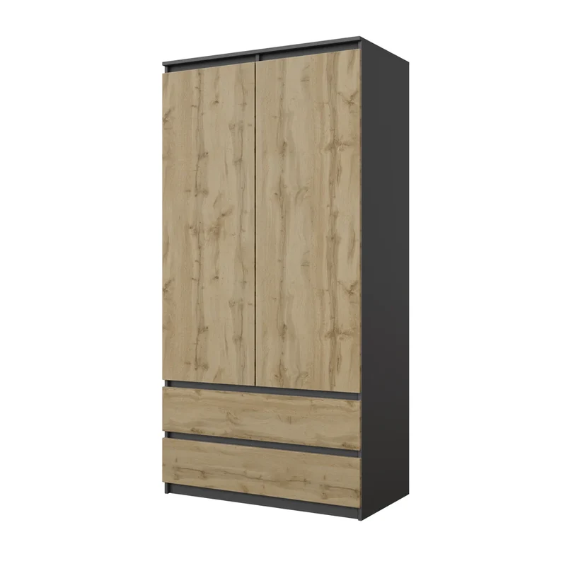 JOELLE - Kleiderschrank mit 2 Türen und 2 Schubladen - Anthrazit Grau / Wotan Eiche H180cm B90cm T50cm