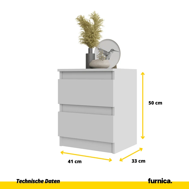 2 Stück GABRIEL BIG - Nachttisch / Nachtschrank mit 2 Schubladen - Weiß Matt - H50cm B41cm T33cm