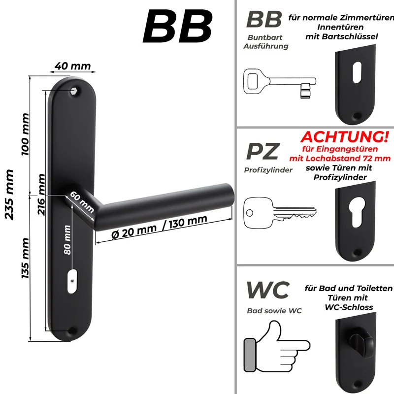 Türgriff Langschild Schwarz Standard | für WC-, Innen- & Haustüren 235x40mm EMILIA