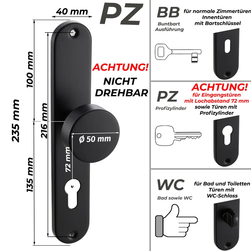 Türgriff Langschild Schwarz Standard | für WC-, Innen- & Haustüren 235x40mm EMILIA