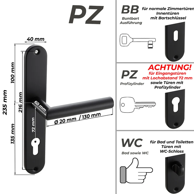 Türgriff Langschild Schwarz Standard | für WC-, Innen- & Haustüren 235x40mm EMILIA