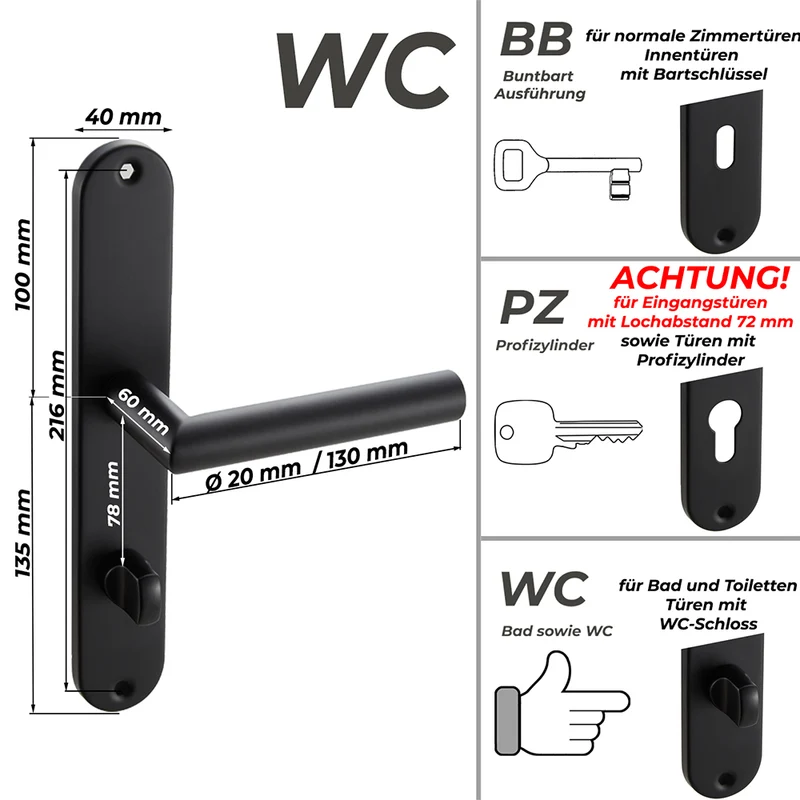 Türgriff Langschild Schwarz Standard | für WC-, Innen- & Haustüren 235x40mm EMILIA
