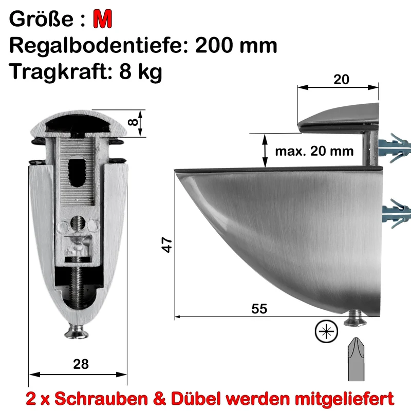 Glasbodenhalter Regalträger in Chrom-glänzend & 4 Größen