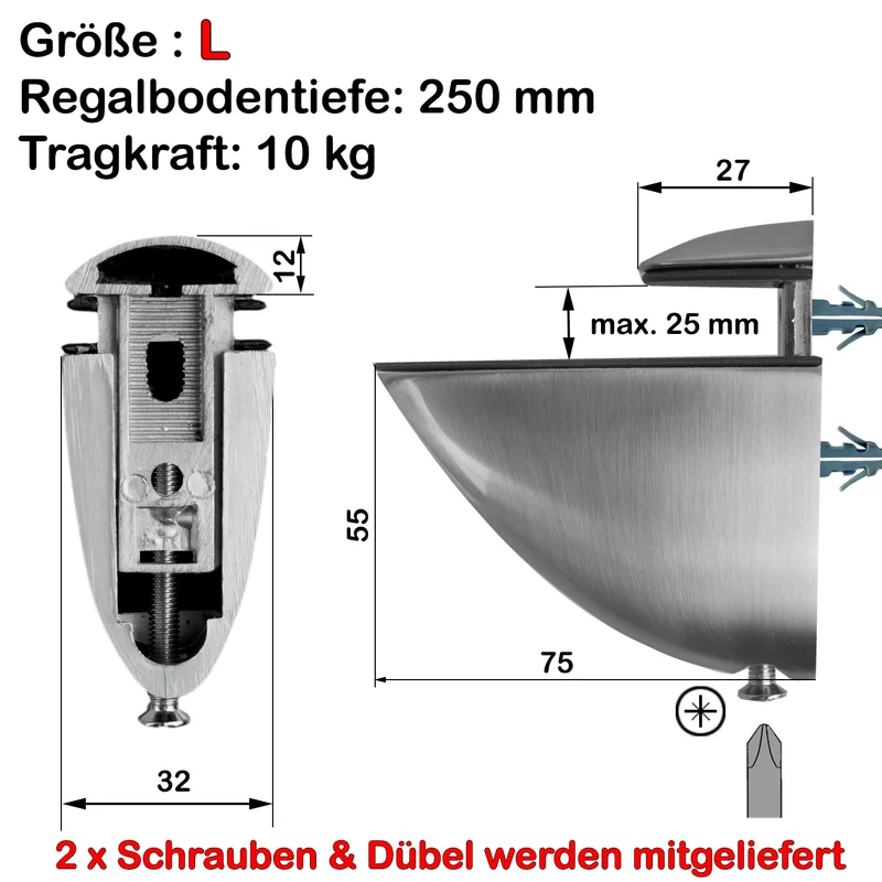Glasbodenhalter Regalträger in Chrom-glänzend & 4 Größen