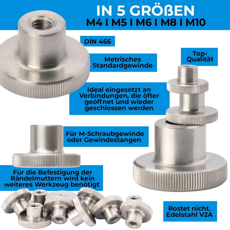 1 x Rändelmutter M4 - M10 hohe Form Edelstahl A2 V2A Edelstahlmutter mit gerändeltem Rand
