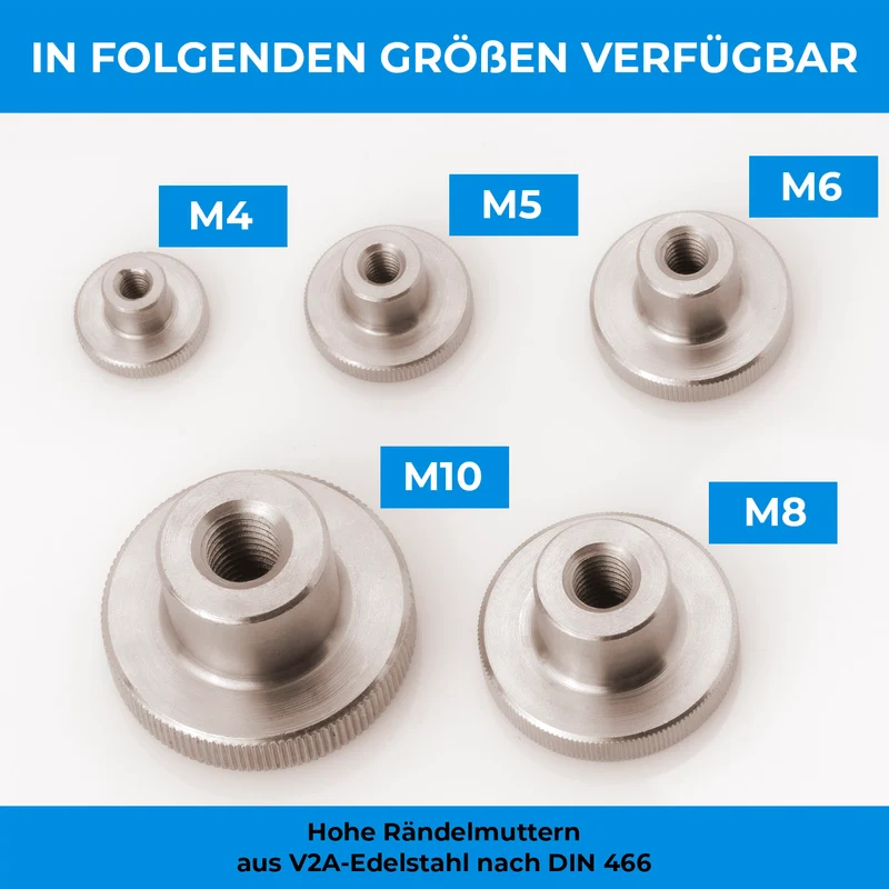 1 x Rändelmutter M4 - M10 hohe Form Edelstahl A2 V2A Edelstahlmutter mit gerändeltem Rand