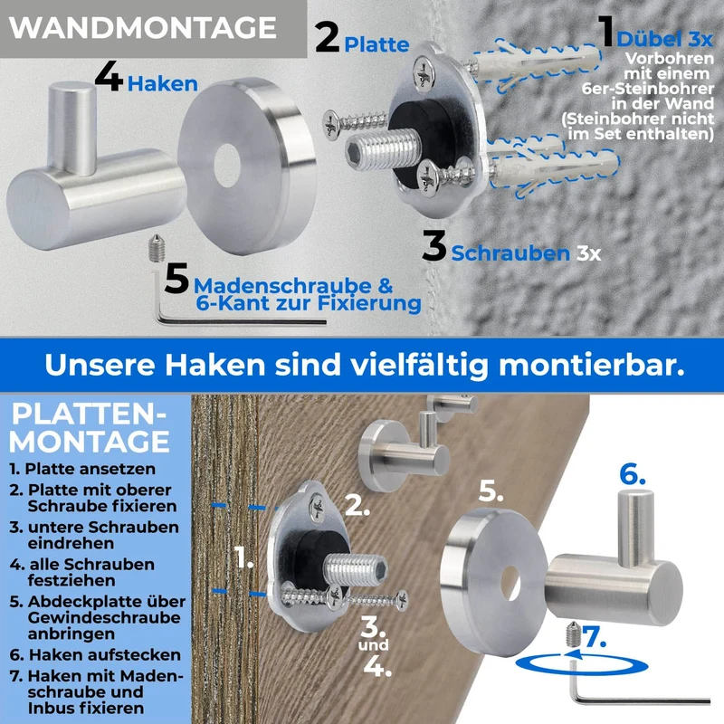 Wandhaken aus Edelstahl Einzel Haken - Länge: 41mm