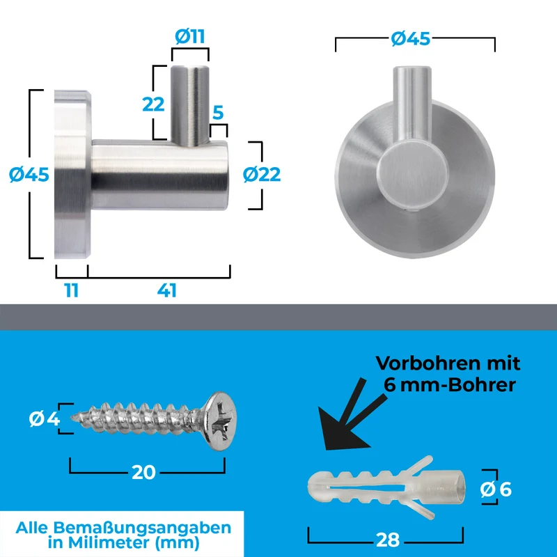 Wandhaken aus Edelstahl Einzel Haken - Länge: 41mm