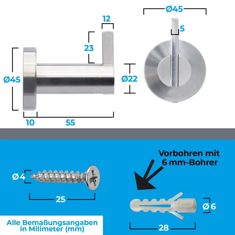 Wandhaken Einzel oder Doppel Haken aus Edelstahl - Länge: 55mm