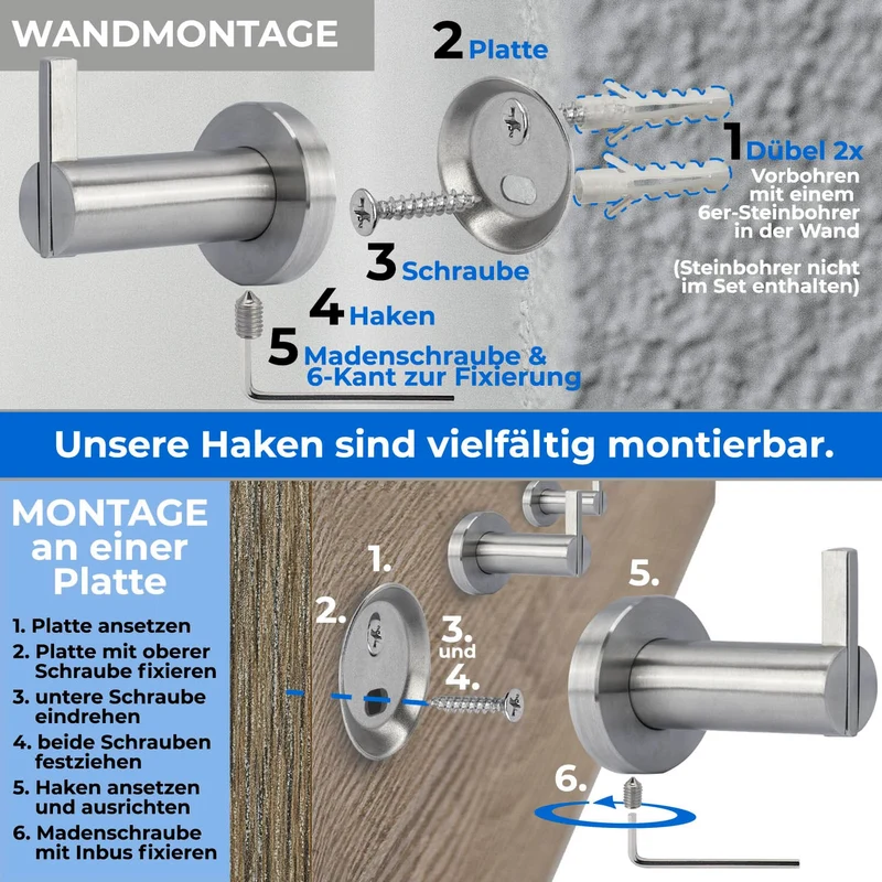 Wandhaken Einzel oder Doppel Haken aus Edelstahl - Länge: 55mm