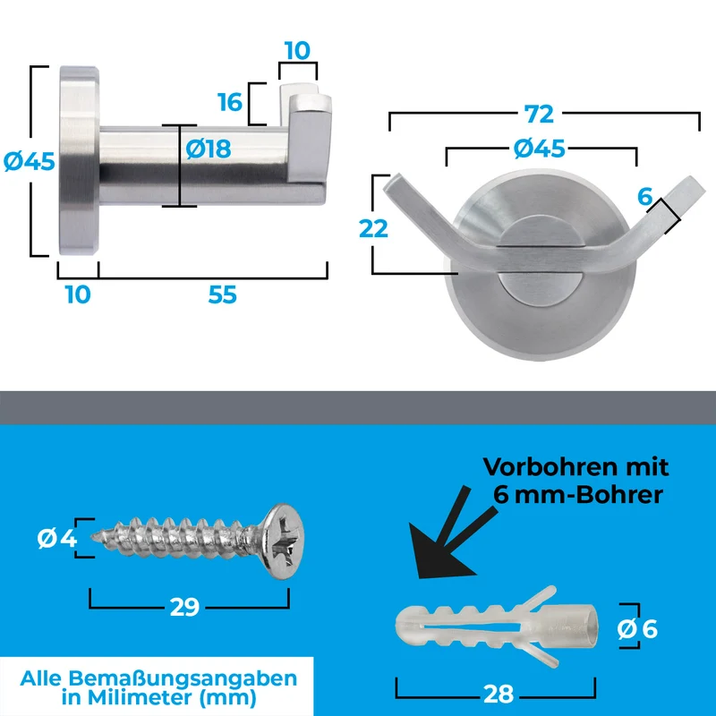 Wandhaken Einzel oder Doppel Haken aus Edelstahl - Länge: 55mm