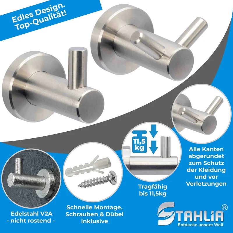 Wandhaken aus Edelstahl - Einzel oder Doppel Haken - Länge: 55mm