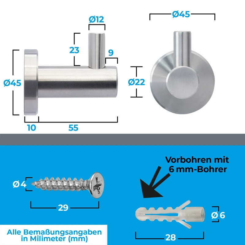 Wandhaken aus Edelstahl - Einzel oder Doppel Haken - Länge: 55mm