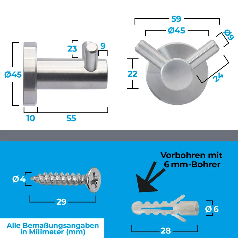 Wandhaken aus Edelstahl - Einzel oder Doppel Haken - Länge: 55mm