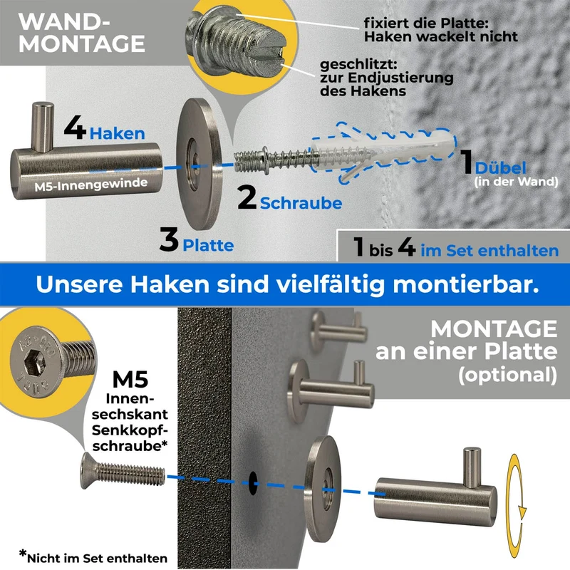Wandhaken aus Edelstahl Quadratisch - Länge: 40mm