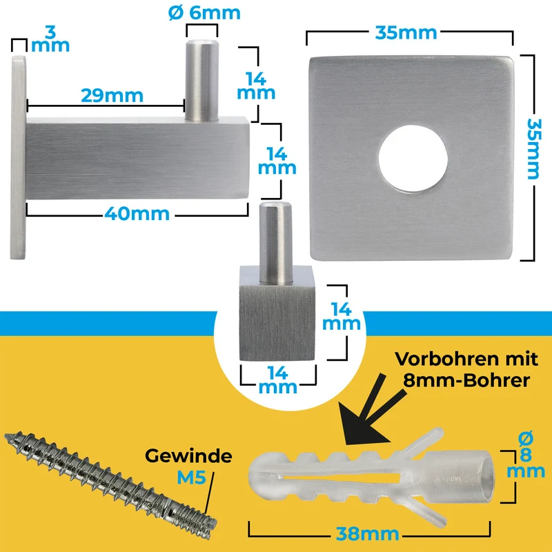 Wandhaken aus Edelstahl Quadratisch - Länge: 40mm