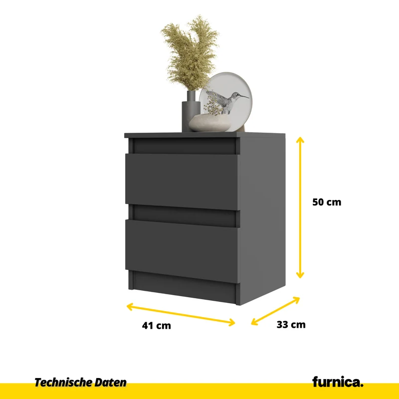 2 Stück GABRIEL BIG - Nachttisch / Nachtschrank mit 2 Schubladen - Anthrazit Grau - H50cm B41cm T33cm