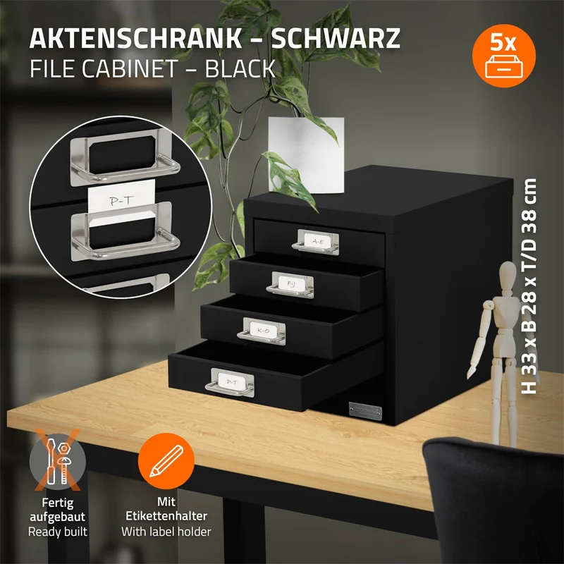ML-Design | Aktenschrank mit 5 Schubladen 28x38x33 cm aus Metall, Büroschrank mit Etikettenhalter